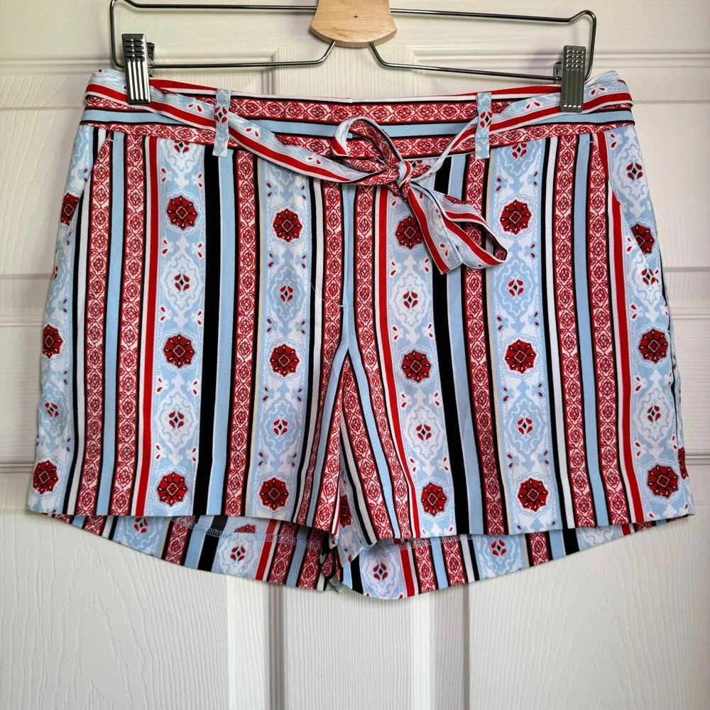 Loft Womens Size‎ 2 Blue Red Tile Stripe Tie Waist Riviera High Rise Shorts